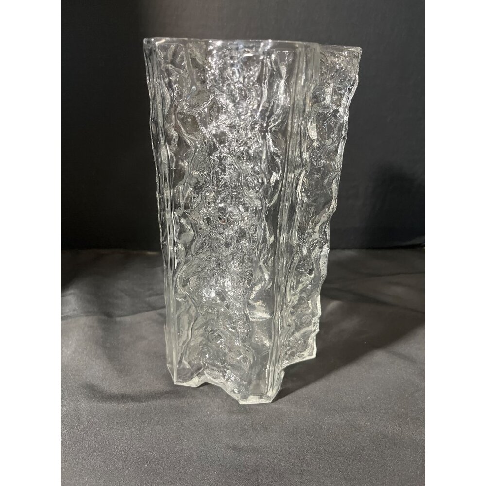 HandBlown Crystal Waterfall Bark Vase Marked Fleur de Lis 9 1/2”